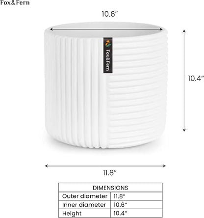 Fox & Fern Large Indoor Planter, Modern Large Plant Pot for Indoor or Outdoor, UV and Frost Resistant - 12 inch, Matte White Flower Pot with Drainage Plug, 3D Printed Design
