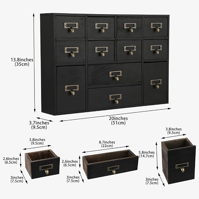 Apothecary Drawers Apothecary Cabinet with Drawers, Black | 12 Drawer Library Card Catalog, Wooden Storage Box, Wooden Desktop Organizer with Metal Handles-Fulled Assembled
