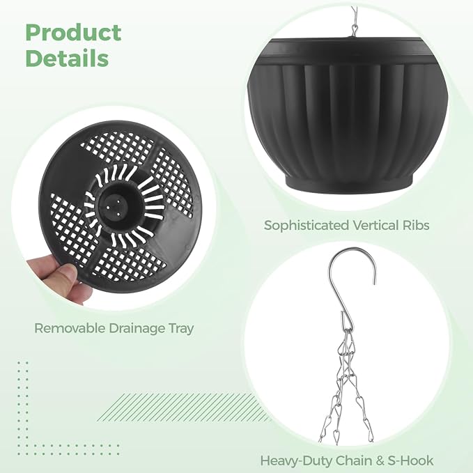 4 Pack Hanging Planters, 9.3 Inch Self Watering Pots for Indoor Plants | Black Plastic Hanging Baskets for Plants Outdoor for Porch Balcony Patio Decor