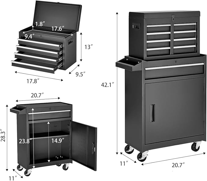 Tool Chest, 5-Drawers Rolling Tool Storage Cabinet with Lockable Wheels, Detachable Top, Adjustable Shelf & Locking Mechanism, Multifunctional Tool Cart for Garage Warehouse, Black