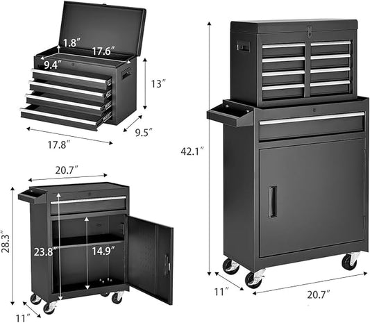 Tool Chest, 5-Drawers Rolling Tool Storage Cabinet with Lockable Wheels, Detachable Top, Adjustable Shelf & Locking Mechanism, Multifunctional Tool Cart for Garage Warehouse, Black