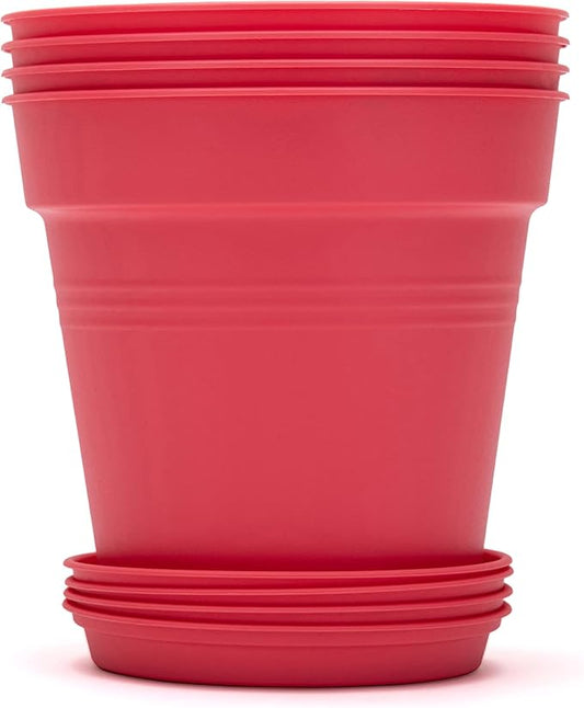 Mintra Garden Pots, 4 Pack Bulk Plastic Plant Pots with Drainage Tray, Round Indoor & Outdoor Decorative Planters with Drain Holes for Flowers, Herbs & Plants, 17cm Diameter – Coral, 6.6 in