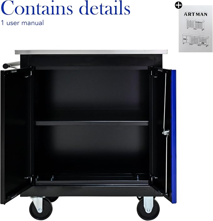 Heavy Duty Rolling Tool Chest,Lockable Stainless Top for Garage,Black&Blue | Mobile Workbench with Adjustable Shelf, Roll Around Tool Cabinet for Workshops and Auto Repair