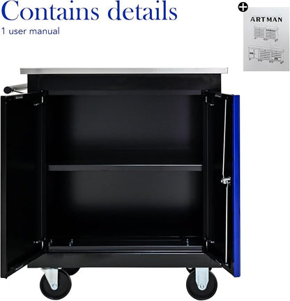 Heavy Duty Rolling Tool Chest,Lockable Stainless Top for Garage,Black&Blue | Mobile Workbench with Adjustable Shelf, Roll Around Tool Cabinet for Workshops and Auto Repair