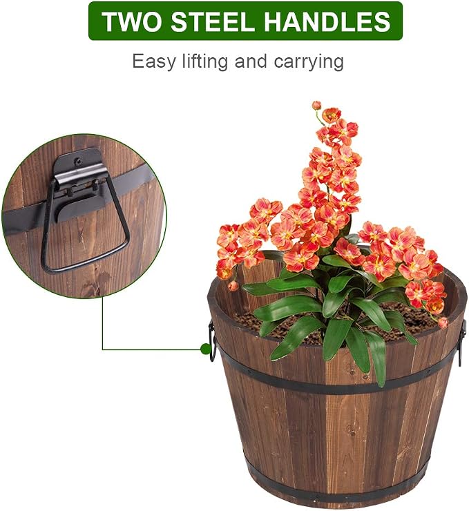 3 PCS Large Wooden Planter Barrel Set - Whiskey Real Wood Decor Plant pots, Rustic Flower Planters Pots Container w/Drainage Holes for Indoor Outdoor Garden Home Plants (18",15.2",11.5")