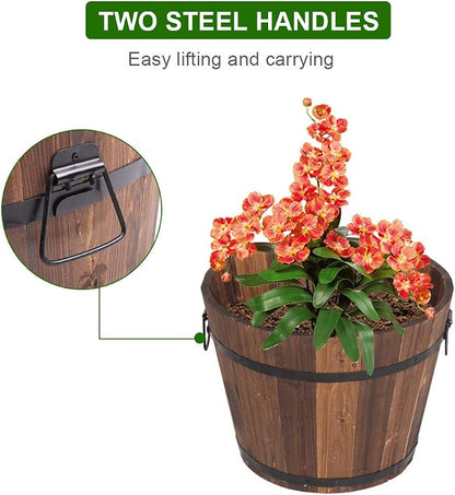 3 PCS Large Wooden Planter Barrel Set - Whiskey Real Wood Decor Plant pots, Rustic Flower Planters Pots Container w/Drainage Holes for Indoor Outdoor Garden Home Plants (18",15.2",11.5")
