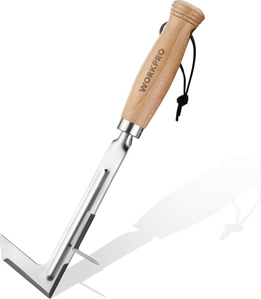 WORKPRO Crack Weeder, 12" Stainless Steel Crevice Weeding Tool Weeder Tool | Beech Wood Handle, L-Shaped Side-Walk Weed Puller Spatula, for Garden Lawn Yard Patio Terrace Paving Moss