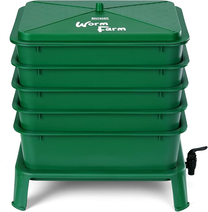Blütezeit 5-Tray Worm Compost Bin, 53QT Worm Composter Indoor & Outdoor, Worm Farm Starter Kit for Vermicomposting, Recycling Food Waste (Green)