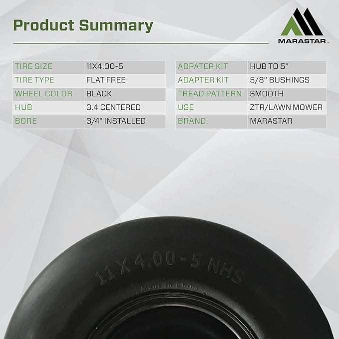 MARASTAR 00232-2PK Universal Fit Flat-Free 11x4.00-5 Tire and Wheel Assembly, Zero Turn Lawn Mower Replacement Tires, Smooth Tread, Adapter Kit included, 2 pack