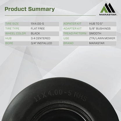 MARASTAR 00232-2PK Universal Fit Flat-Free 11x4.00-5 Tire and Wheel Assembly, Zero Turn Lawn Mower Replacement Tires, Smooth Tread, Adapter Kit included, 2 pack
