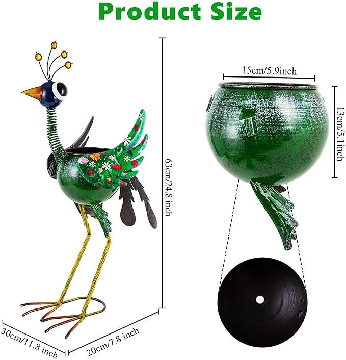 Planters for Outdoor Plants Green Peacock, Metal Planters Peacock Gifts for Women, 24.8Inch Unique Outdoor Planter Peacock Decor for Porch Garden Patio and Yard