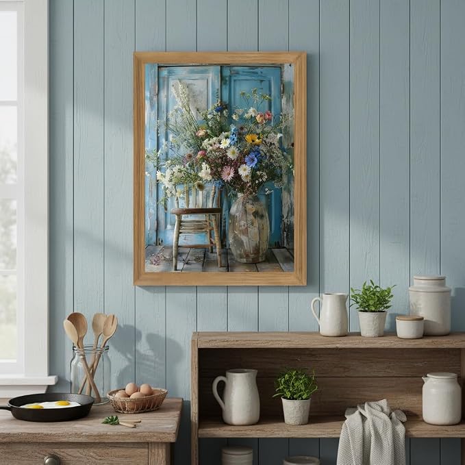 Vintage Wildflower Daisy Wall Art Framed Canvas, Rustic Floral Still Life Vase Painting, Farmhouse Daisy Wall Decor, Cottagecore Flower Decor for Living Room Bedroom Bathroom 8x10 Inch