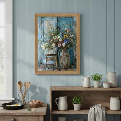 Vintage Wildflower Daisy Wall Art Framed Canvas, Rustic Floral Still Life Vase Painting, Farmhouse Daisy Wall Decor, Cottagecore Flower Decor for Living Room Bedroom Bathroom 8x10 Inch