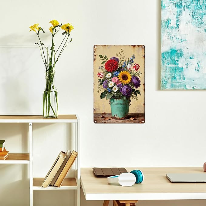 Vintage Spring Flower Bunch Metal Tin Sign Botanical Theme Wall Art for Garden Home Wall Decor