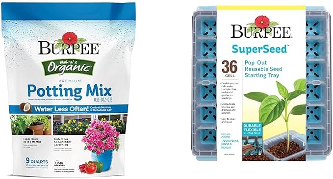 Burpee, 9 Quarts | Premium Organic Potting Natural Soil Mix Food & SuperSeed Seed Starting Tray | 36 Cell Reusable Seed Starter Tray