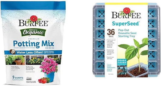 Burpee, 9 Quarts | Premium Organic Potting Natural Soil Mix Food & SuperSeed Seed Starting Tray | 36 Cell Reusable Seed Starter Tray