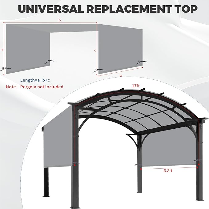 17' x 6.8' Waterproof Pergola Canopy Replacement Cover, Light Gray | Waterproof polyester canopy with built-in drainage holes and adjustable tie straps for a secure fit in rain and wind.