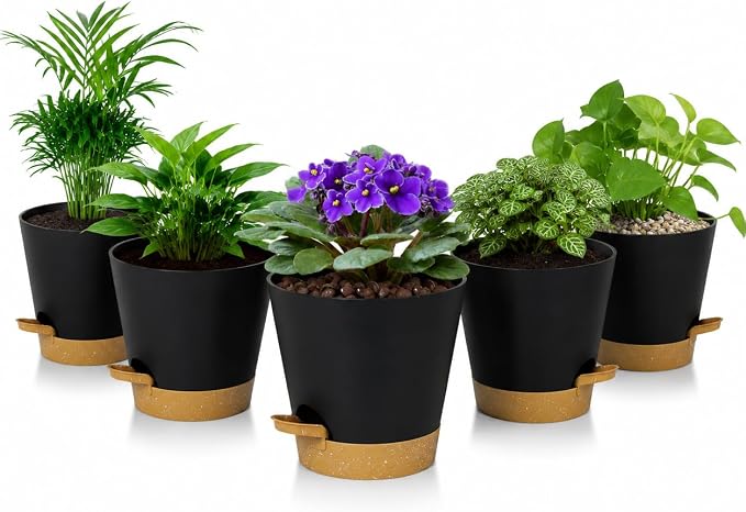 5 Pack 5 Inch African Violet Pots Self Watering, Self-Watering Planters with Drainage Holes & Reservoir, Black Brown Plastic Pots for Indoor Outdoor Plants, Succulents & Flowers