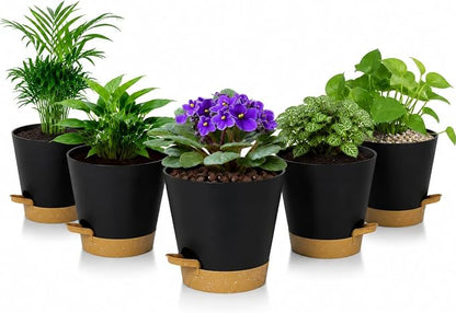 5 Pack 5 Inch African Violet Pots Self Watering, Self-Watering Planters with Drainage Holes & Reservoir, Black Brown Plastic Pots for Indoor Outdoor Plants, Succulents & Flowers