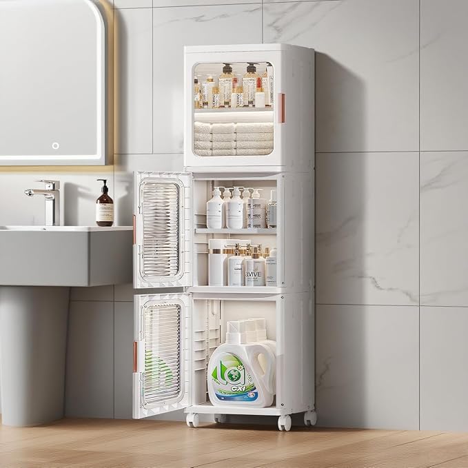 3-Tier Slim Bathroom Storage Cabinet for Small Space,White | Quick Assembly,Foldable,Plastic Organizers,Magnetic Doors,Adjustable Shelves,Narrow Storage Cabinet,Wheels