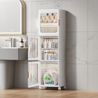 3-Tier Slim Bathroom Storage Cabinet for Small Space,White | Quick Assembly,Foldable,Plastic Organizers,Magnetic Doors,Adjustable Shelves,Narrow Storage Cabinet,Wheels