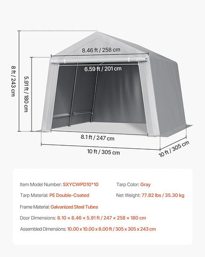 VEVOR Outdoor Storage Shed, 10 x 10 ft Portable Storage Tent with Roll-up Door & Vents, Waterproof Canopy Shed Shelter, Heavy Duty Frame, Patio Garage Carport for Motorcycle, Lawn Mower, Bike, Grey