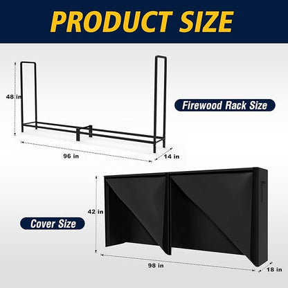 WALMANN 8ft Firewood Rack with Cover, Heavy Duty Firewood Rack With Weather Resistant 600D Oxford Fabric Cover, Indoor/Outdoor Wood Rack for Firewood