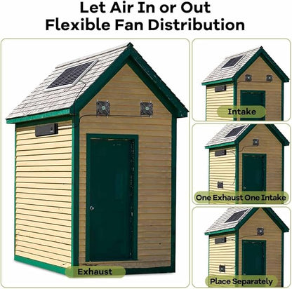 Solar Powered Fan with Battery, Rechargeable Solar Fan for Chicken Coop, Greenhouse, Shed, Outside with Two IPX7 Waterproof Exhaust Intake Fans 16.5Ft On/Off Switch Cable