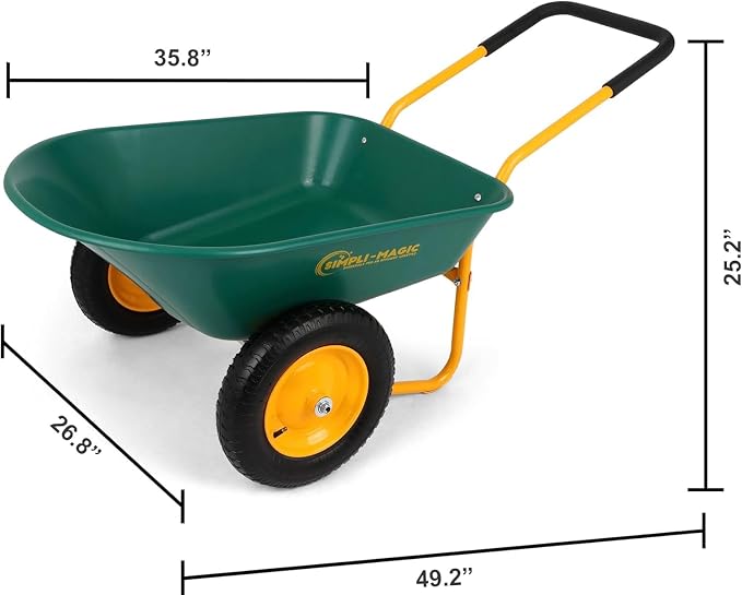 Simpli-Magic Premium Dual-Wheel Home Utility Yard Wheelbarrow Garden Cart w/Built-in Stand for Lawn, Gardening, Grass, Soil, Bricks, and Construction