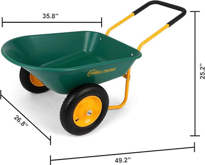 Simpli-Magic Premium Dual-Wheel Home Utility Yard Wheelbarrow Garden Cart w/Built-in Stand for Lawn, Gardening, Grass, Soil, Bricks, and Construction