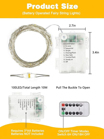 2 Pack 100 LED Fairy Lights Battery Operated with Remote, 8 Modes String Lights Indoor Outdoor, Cuttable Battery Light for Home Bedroom Wedding DIY Centerpiece Christmas Decorations (Warm White)
