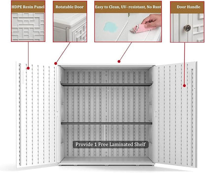 HOMSPARK Indoor/Outdoor Storage Cabinet with Doors and Shelf, 34”x15”x36” HDPE Plastic Storage Box Waterproof for Patio, Garden, Balcony, Multi-Purpose for Daily Tools, White