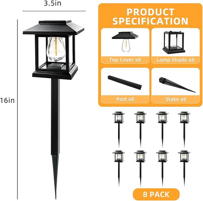 8-Pack Solar Pathway Lights - High-Efficiency Polycrystalline Panels for All-Night Glow - IP65 Waterproof Outdoor Landscape Lighting for Garden, Walkway & Driveway Security (Black)