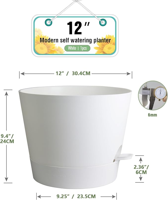 Meowell 12 inch Large Self Watering Pots for Indoor Outdoor Plants, Flower Plant Pots with Mesh Drainage Holes for Garden House, Plastic Planters with Reservoir for Home, White