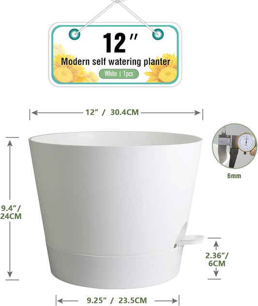 Meowell 12 inch Large Self Watering Pots for Indoor Outdoor Plants, Flower Plant Pots with Mesh Drainage Holes for Garden House, Plastic Planters with Reservoir for Home, White