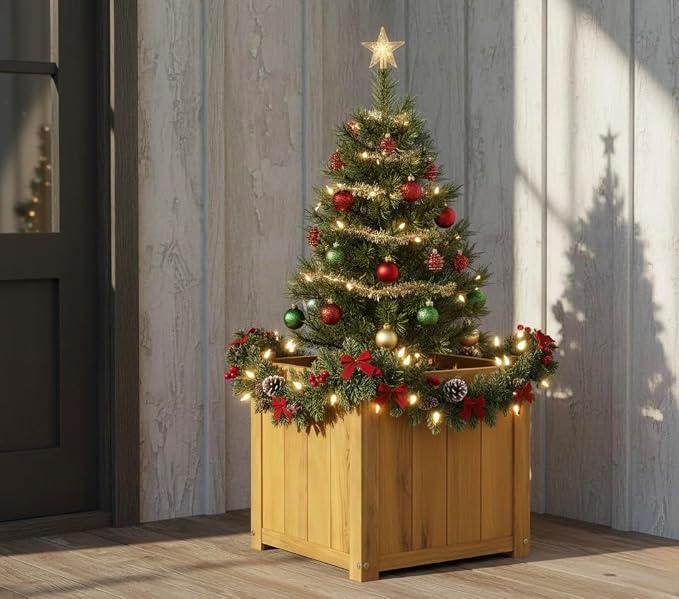 Idzo Acacia Wood Flower Planter Box for Outdoor Plants, 1pc Wooden Raised Garden Bed with Handles, Drainage Holes, Ideal for Garden and Home Décor, Golden Teak