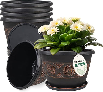 Usocik 8 Inch Retro Plant Pots 6 Pack with Drainage and Saucers Copper | Copper retro PP pots with drainage holes and saucers for herbs succulents starter plants shelves and windowsills