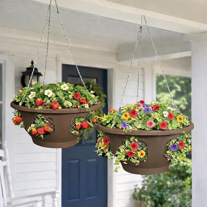 Hanging Planter Basket 10 Pack Bulk, Easy Fill Strawberry Planter, Outdoor Hanging Basket with Side Planting Panels, Durable UV Resistant Planters, Made in USA (10, Mocha)