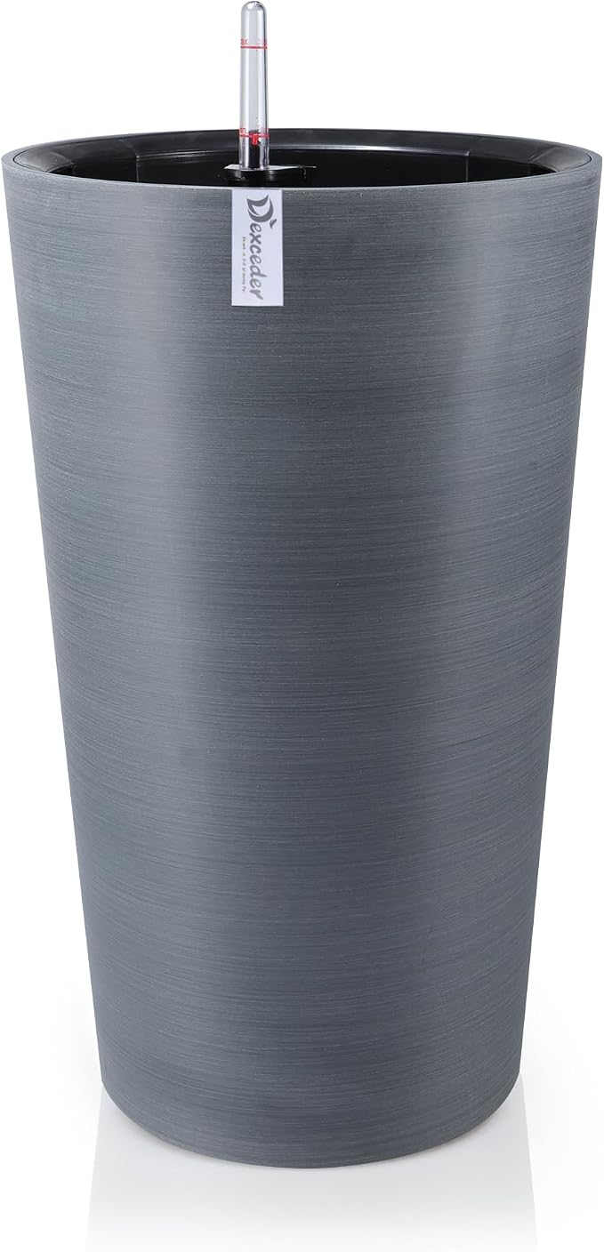 Dexceder 22x13 Self Watering Tall Planter (Gray, Wire Drawing) | High Cylinder, Thickened Large Floor Standing Flower Plant Pot with Water Level Indicator Indoor Outdoor