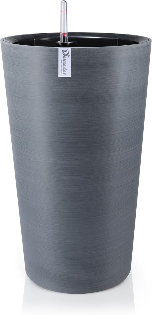 Dexceder 22x13 Self Watering Tall Planter (Gray, Wire Drawing) | High Cylinder, Thickened Large Floor Standing Flower Plant Pot with Water Level Indicator Indoor Outdoor