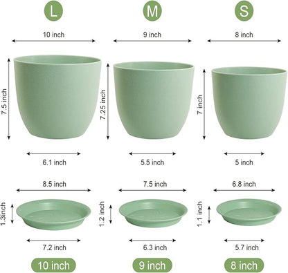WSMKSZ Medium Plant Pots 10/9/8 inch, Flower Pots for Indoor Outdoor Plants, Set of 3 Modern Decorative Plastic Planters with Drainage Holes and Saucers for House Porch Garden Plants, Green