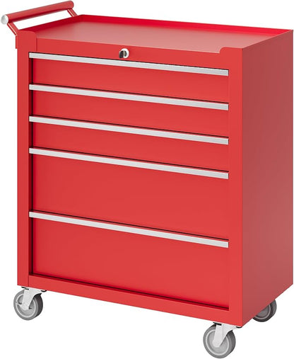 PeakPursuit 5-Drawers Rolling Tool Chest, Portable Tool Box with Wheels and Lock System, Secure Storage Cabinet for Warehouse, Workshop, and Repair Shop, Red
