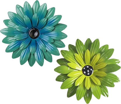 Outdoor Metal Wall Art Decor, 2 Pack 8 Inch Sunflower Wall Decorations, Hanging Outdoor wall Decor, Handmade Metal Flowers for Outdoor Outside Indoor Decor, Lake Blue+ Green