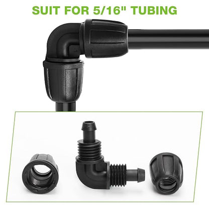 Bonviee 6 Pack 5/16” Drip Irrigation Elbow Connectors, 90° Barbed Lock Fittings for 5/16 Inch Tubing, Leak-Proof Corner Connector for Garden Hose Layout, Irrigation System Repair and Setup