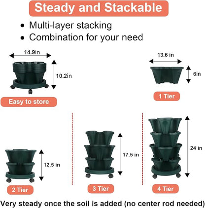GameXcel Vertical Planter Tower - 4 Tier Stackable Garden Planters with Wheels and Tools Plant Pots for Strawberry Herb Flower and Vegetable Indoor Outdoor Use Green