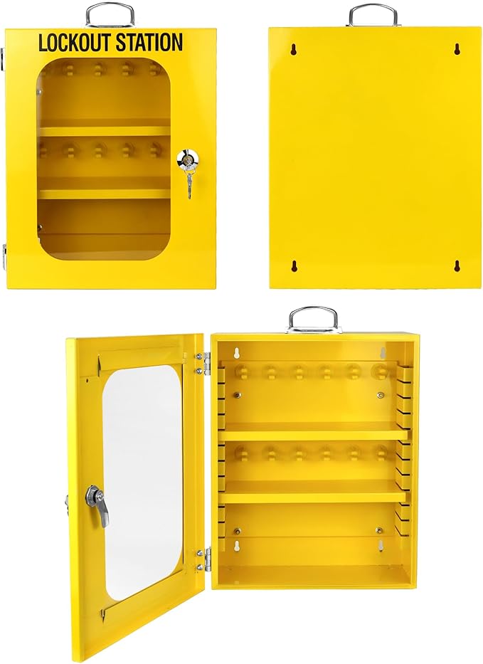 QWORK Lockout Tagout Cabinet, Heavy Duty Station Cabinet with Clear Door & Lock,Wall Mounted Box Cabinet, Steel Construction, Large Capacity Storage for Machine Service, Yellow