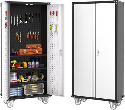Garvee Cabinet Metal Storage Cabinet with Wheels, Heavy Duty Steel Rolling Organizer with Lockable Doors, Adjustable Shelves, Utility Garage Cabinet for Home, Office, Workshop, Laundry Room, Kitchen