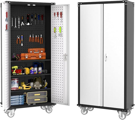 Garvee Cabinet Metal Storage Cabinet with Wheels, Heavy Duty Steel Rolling Organizer with Lockable Doors, Adjustable Shelves, Utility Garage Cabinet for Home, Office, Workshop, Laundry Room, Kitchen