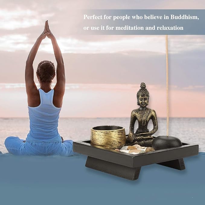 Zen Garden Set Buddha Statue Incense Burner Stick Candle Holder Ornament | Incense Holder for Yoga Meditaion Home Table Decor Gift