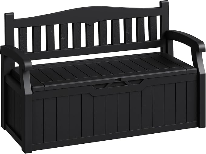 80-Gallon Outdoor Storage Bench, Waterproof Deck Box with Lockable Lid, Dark Black